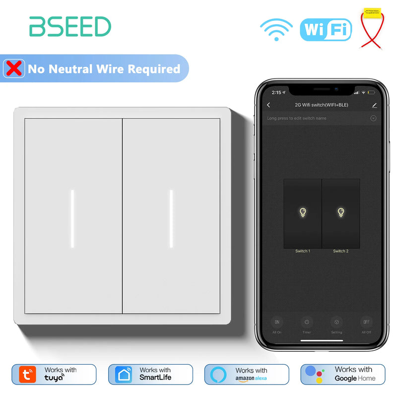 BSEED WIFI Button Light Switch 1/2/3/4Gang Smart Switch Plastic Frame Tuya Smart Life Alexa Voice Control Without Neutral Line