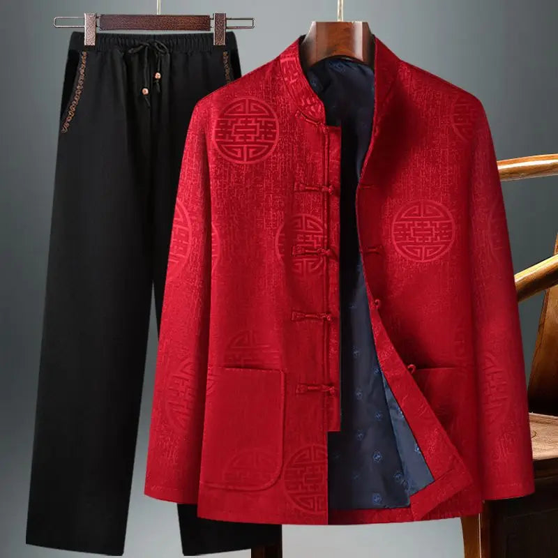 Chinese-style Men's Two-piece Set: Red Jacquard Jacket Paired with Black Embroidered Pants (available in A Thicker Version)