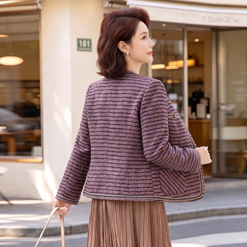 អាវធំ Tweed ឆ្នូតទាន់សម័យសម្រាប់ស្ត្រី កមូល ទ្រូងតែមួយ ហោប៉ៅបំណះ អាវរដូវរងាឆើតឆាយ ទាន់សម័យ