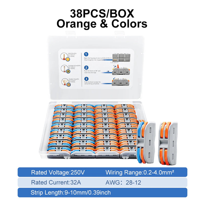 TOMZN YL222 Lever Wire Connectors 38PCS 2In 2Out Quick Splicing Terminal Blocks 32A 250V for 28-12AWG Universal Wire Joiner Kit