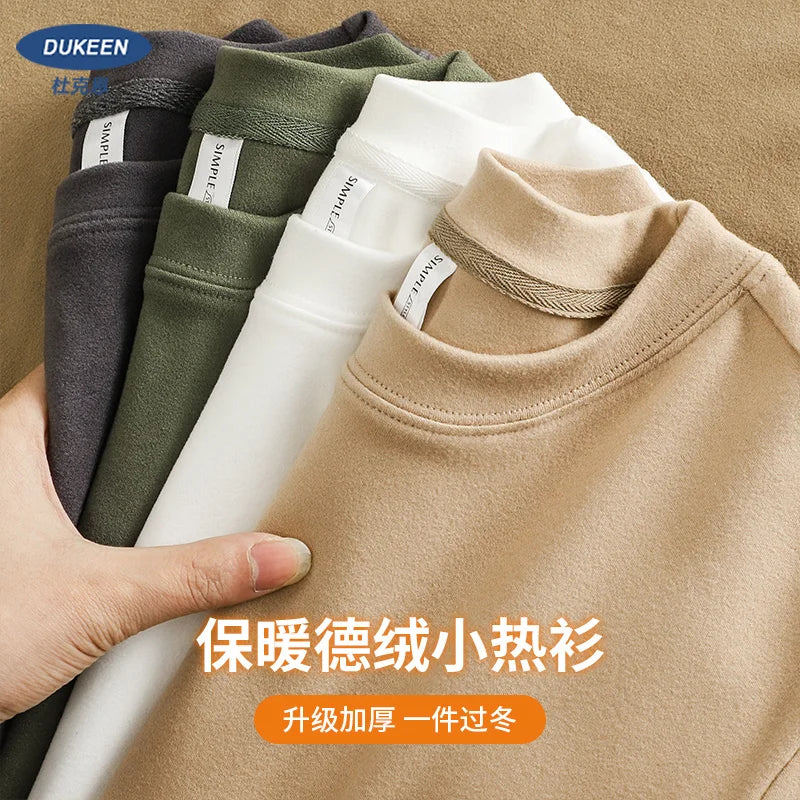 DUKEEN 350G Two-Sided Dralon Fabrics Long Sleeve T Shirts for Men Autumn and Winter Solid Color Warm Fleece Undershirts Men
