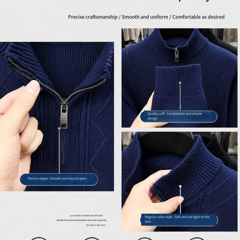 Man Long-Sleeved Knitwear Mock Neck Zipper Exquisite Embroidery Diamond Pattern Autumn Winter New Leisure Versatile Men's Wear