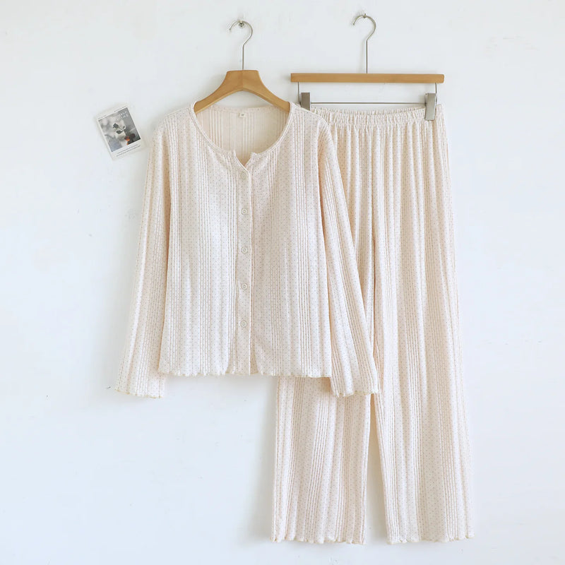 Knitted Cotton Sleepwear Lady Long-sleeved TrousersTwo-piece Spring Autumn Women's Home Wear Pyjama Set New Arrival Homewear