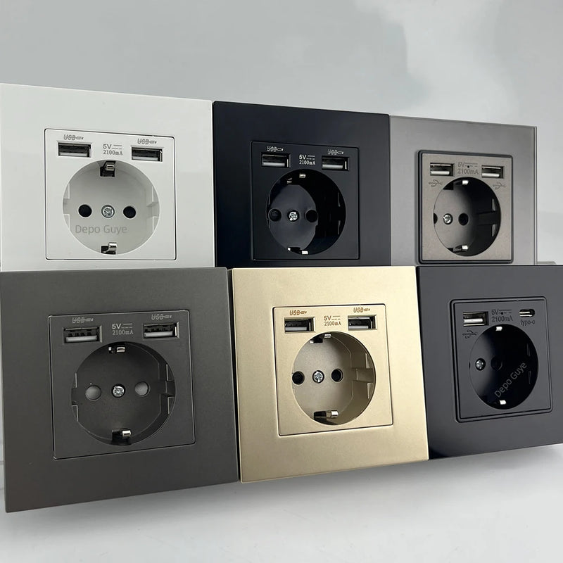 DepoGuye wall type dual USB power socket 2.1A, bedroom socket, 16A wall socket, PC panel, Spain, Russia and EU standard socket