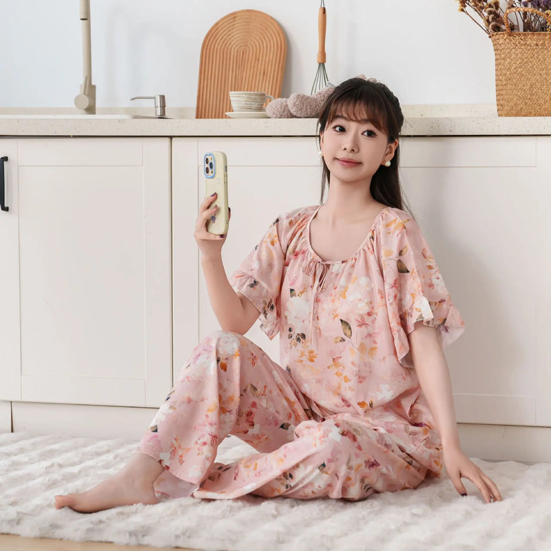 Thin Summer Wear Short Sleeve Home Suit For Women Pajamas Ladies Two-piece Set Pyjama Femmes Floral 2PCS Women's Pajamas Set