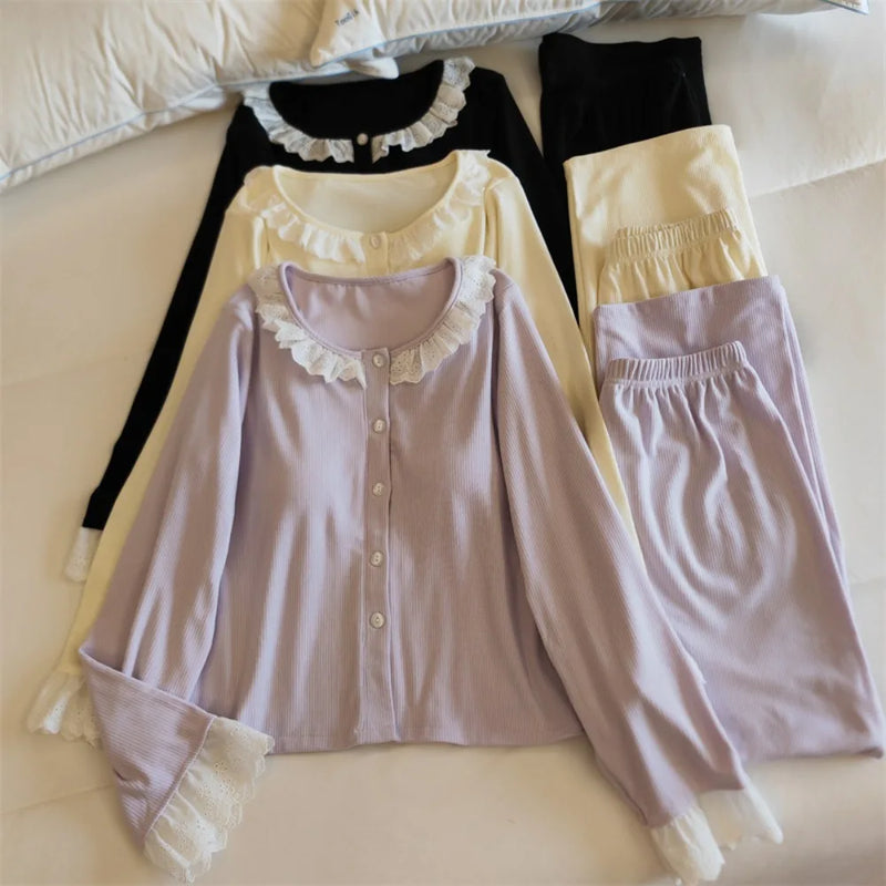 Chest Pads Sleepwear Women's Pajamas with Pants Home Wear Spring Autumn Long Sleeve Two-piece Loungewear Sets Woman Pyjamas