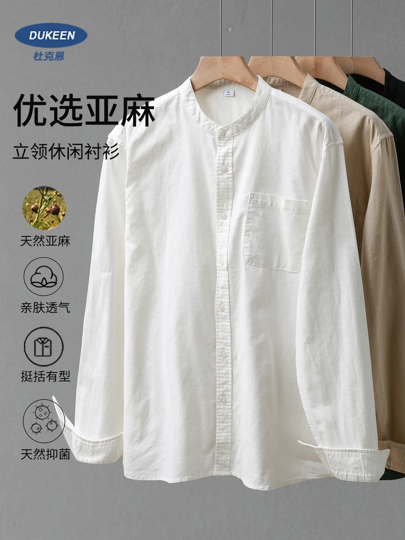 DUKEEN Linen Fabrics Men's Shirts Autumn Casual Stand-Up Collar Long Sleeve Solid Color Tops Formal Non-Ironing Men's Clothing