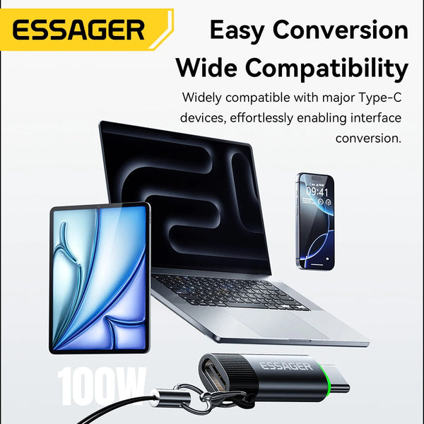 អាដាប់ទ័រ OTG បិទឆ្លាតវៃ Essager 100W 5A ប្រភេទ C ឧបករណ៍ភ្ជាប់ OTG ជាមួយខ្សែសម្រាប់ iPhone 17 16 15 ទូរស័ព្ទ Android ថេប្លេតកុំព្យូទ័រយួរដៃ