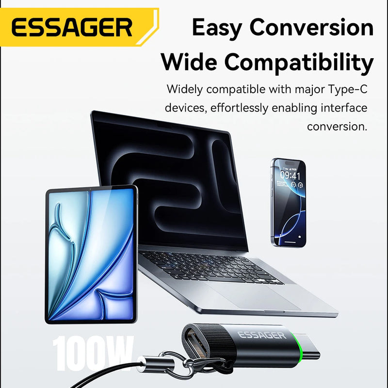 អាដាប់ទ័រ OTG បិទឆ្លាតវៃ Essager 100W 5A ប្រភេទ C ឧបករណ៍ភ្ជាប់ OTG ជាមួយខ្សែសម្រាប់ iPhone 17 16 15 ទូរស័ព្ទ Android ថេប្លេតកុំព្យូទ័រយួរដៃ