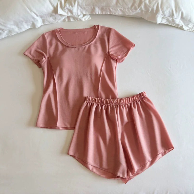 Summer Thin Short Sleeve Sleepwear Women's Pajamas Set New Chest Pad Homewear Nightwear Woman Clothing Set 2 Piece Pijama Suit