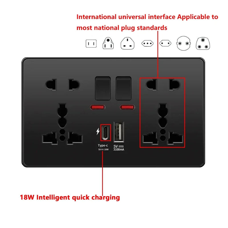 Universal 18W Fast Type C Wall 220V Power Outlet Plug, UK Black 13A Socket Switch, Electrical Wall Socket Panel with USB Charger