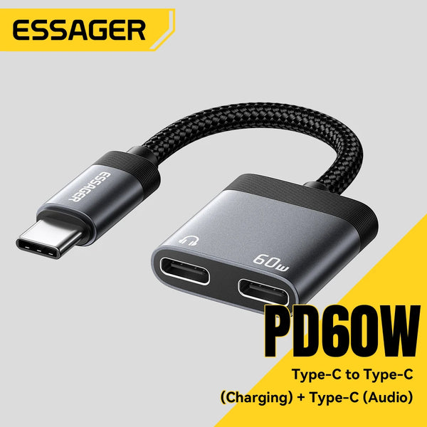 ខ្សែ បំបែក សំឡេង និង សាក ថ្ម Essager 2 ក្នុង 1 3.5mm Jack Earphone PD 60W USB Type C Charger Adapter សម្រាប់ iPhone Samsung Xiaomi