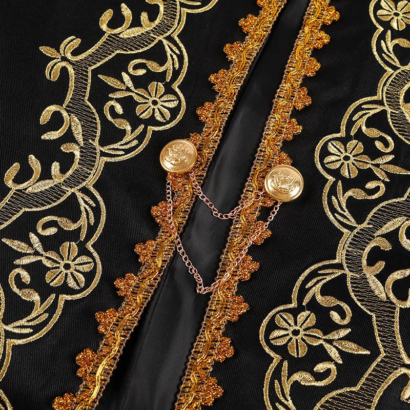 Vintage-style Men's Black Long-sleeve Stand-up Collar Jacket with Gold Embroidery, Perfect for Weddings, Parties, and Cosplay.