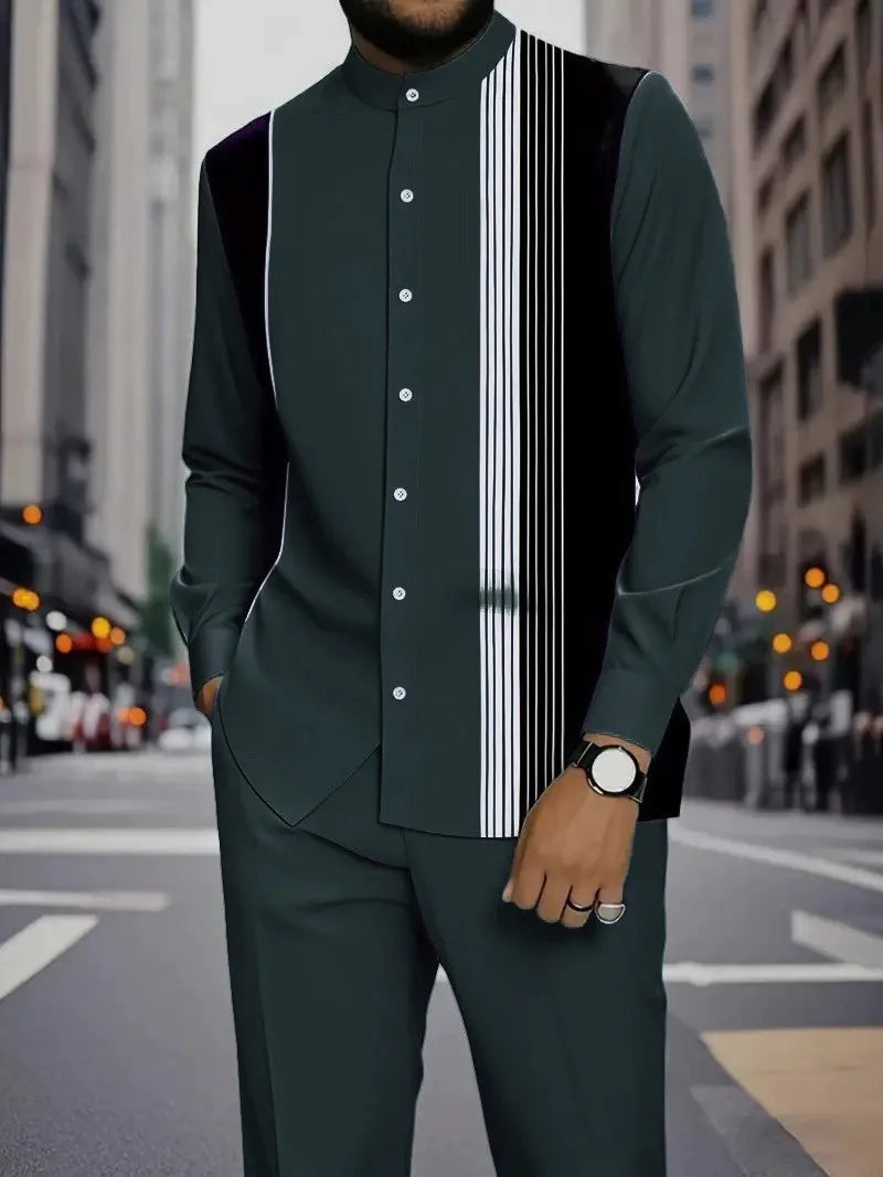 Men's Two-piece Set for Spring/Fall: An Ethnic-style Long-sleeve Shirt Paired with Pants, Red, Blue, Green, Gray, Black, Purple.