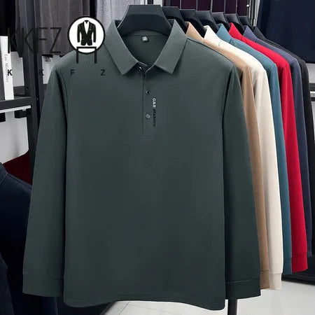 Spring Autumn Mens Lapel Polo Tops High Elastic Wrinkle Resistant Material Simple Chest Letter Print Slim Fit Menswear