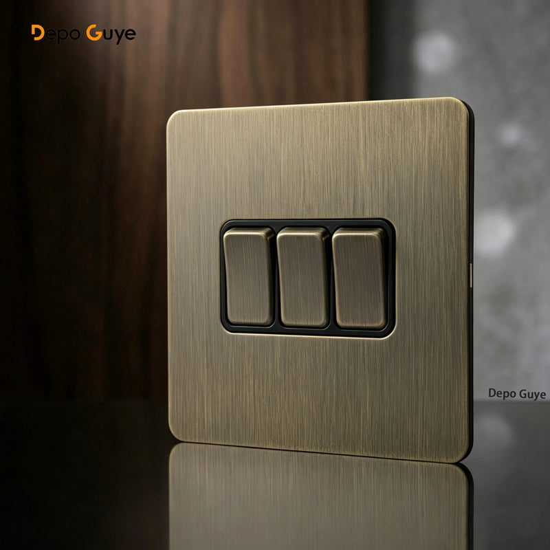 Retro Metal Brushed Antique Stainless Steel Push Button Switch Panel UK 13A Socket with USB Phone Charging for Home Improvement