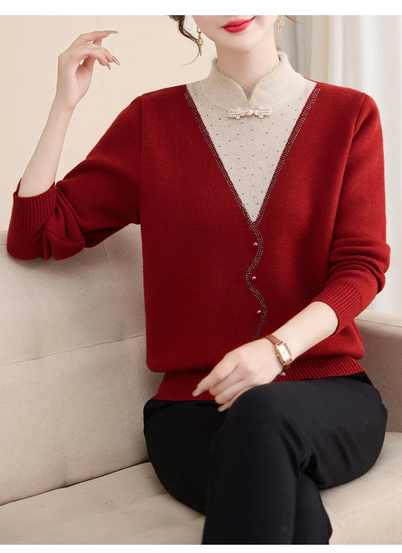 Korean Popular Clothes New Women Sweaters Autumn Winter Knitwear Top Basic Wear Fake Two Piece Middle Aged Mother Pullovers