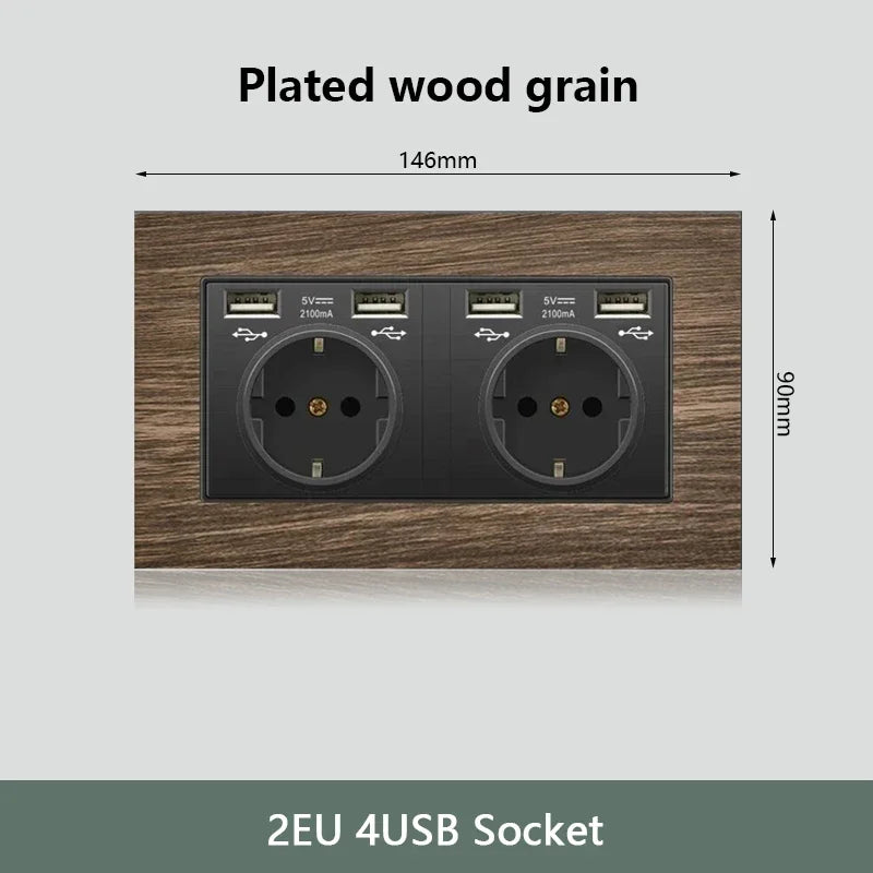 Retro Wood grain Wall Light Switch,18W Fast Type C Wall 220V Power Outlet plug,EU FR European Electrical socket with USB Charger