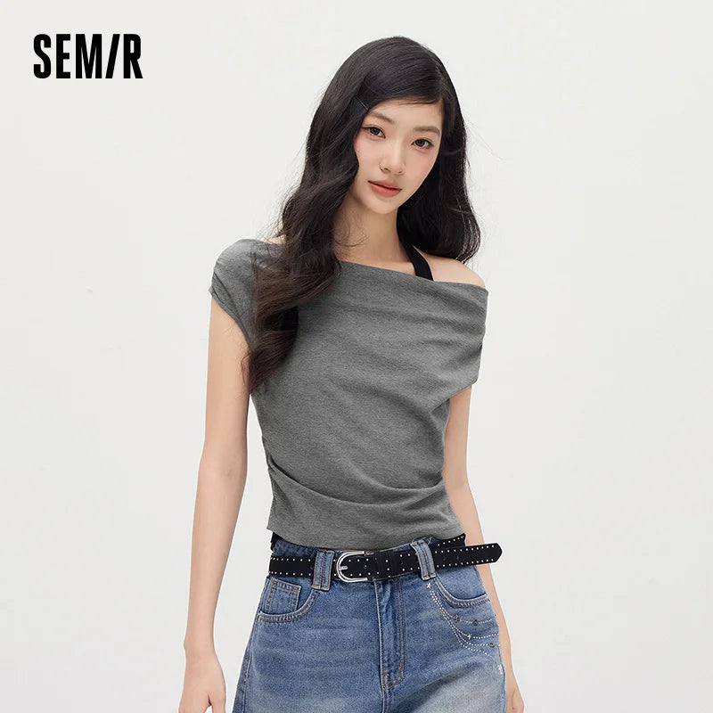 Semir Women Tshirt Short Length Halter Neck Draped Collar Fake Two Piece Slim Fit Stylish 2026 Summer Fashion Casual Top