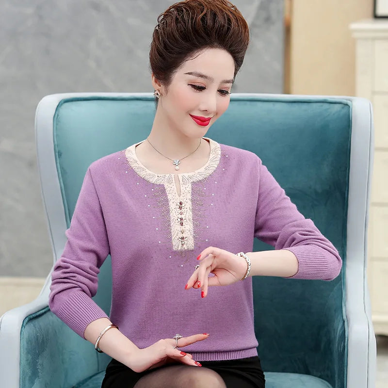Hot Sweaters & Jumpers New Pullover Knitwear Tops Women Spring Autumn Long Sleeve Middle Aged Mother Clothing Woolen Blouse