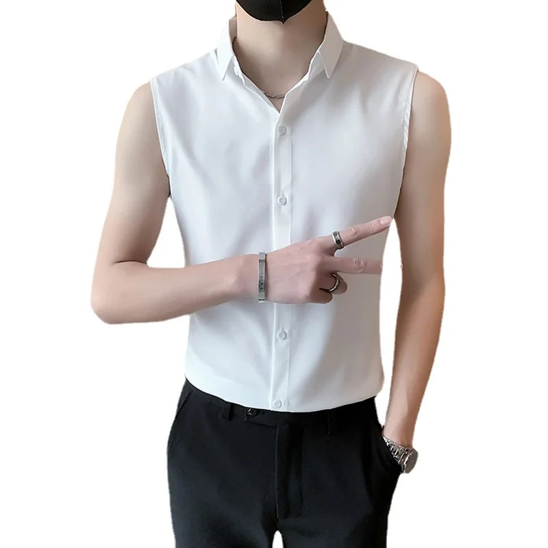Summer Men's Black Sleeveless Shirt, Fashionable Slim White Shirts, Single Breasted Lapel Summer Top Camisas Para Hombre