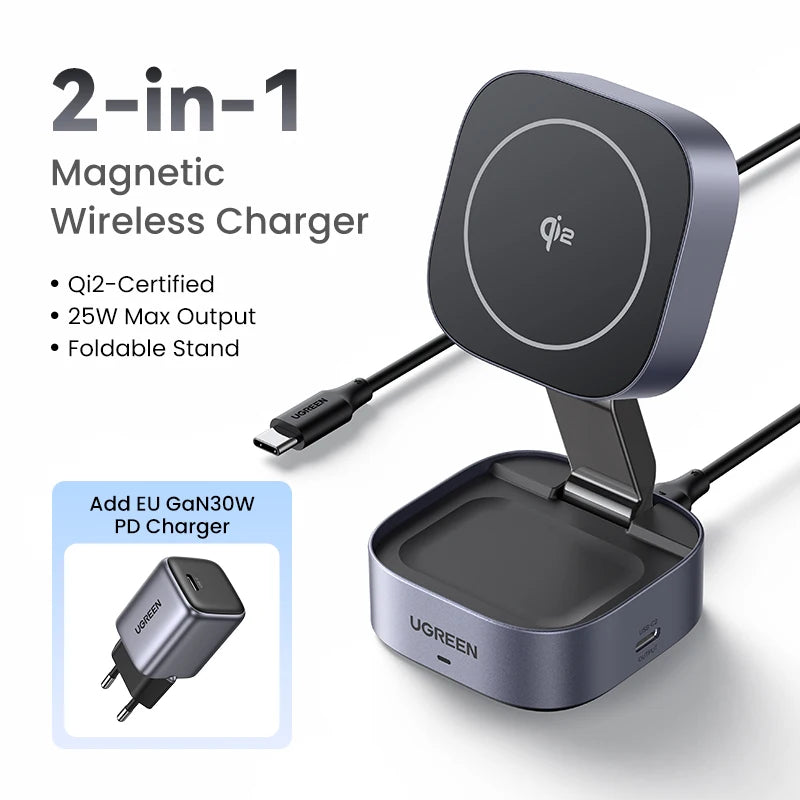 UGREEN Qi2/Qi Magnetic Wireless Charger Stand 15W 2-in-1 Charging Stand For iPhone 16 17 Pro Max/AirPods Fast Charging