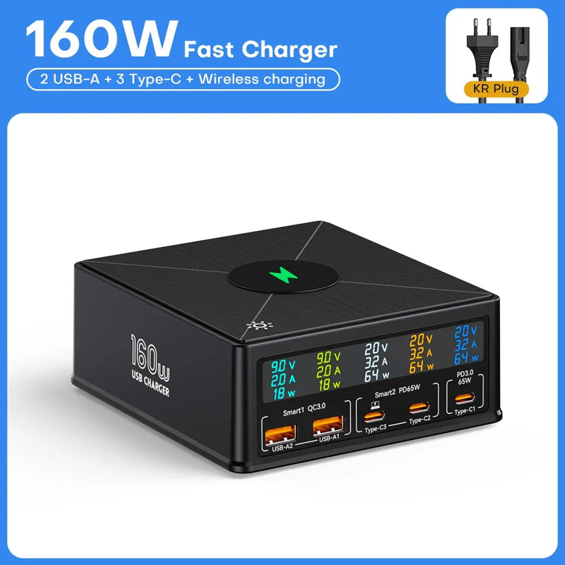 ស្ថានីយសាកថ្មឥតខ្សែ GaN USB 160W 15W អេក្រង់ LCD USB C PD 65W QC ឆ្នាំងសាកលឿនសម្រាប់ iPhone 14 Samsung Xiaomi កុំព្យូទ័រយួរដៃ