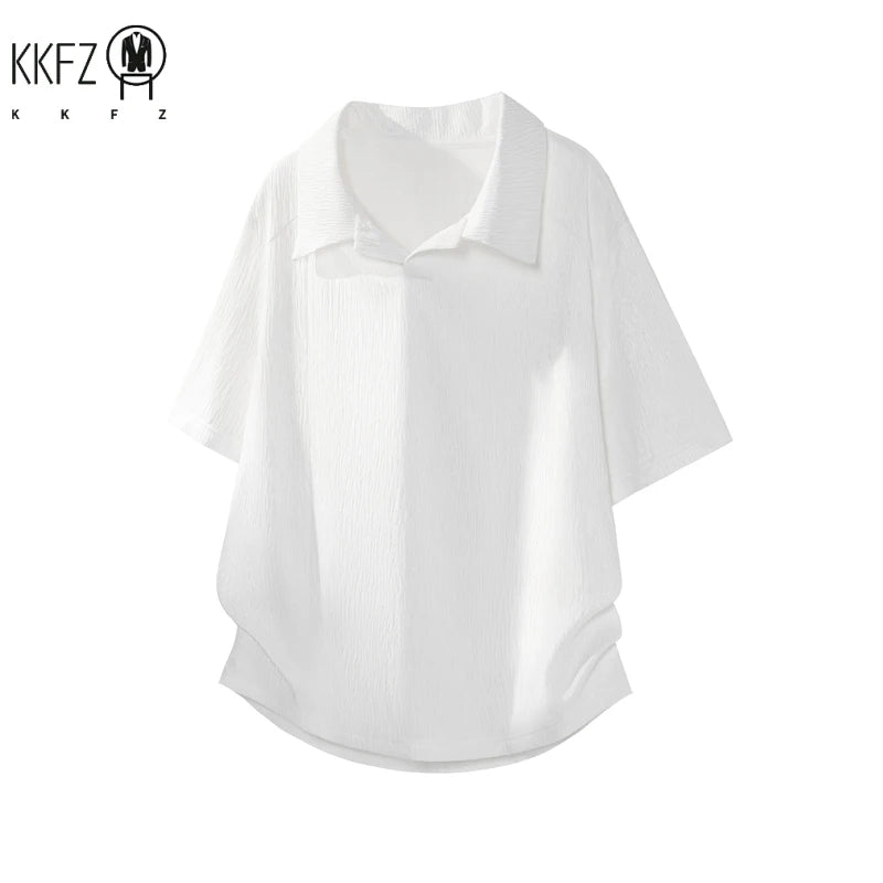 Male Loose Fit Wrinkle Textured Short Sleeve Shirt Lapel V Notch Neck Airy Fabric For Commute And Leisure Occasions
