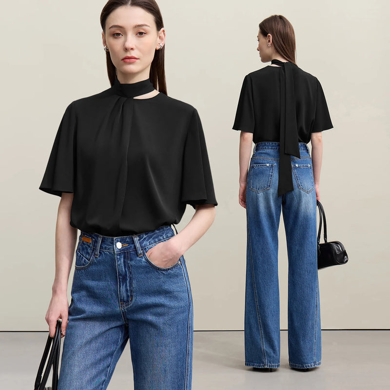 Amii Women's Blouse 2026 Summer New Tie Neck Flare Sleeve Flowy Pullover Top Women Elegant Loose Elegant Chiffon Shirt 12642081