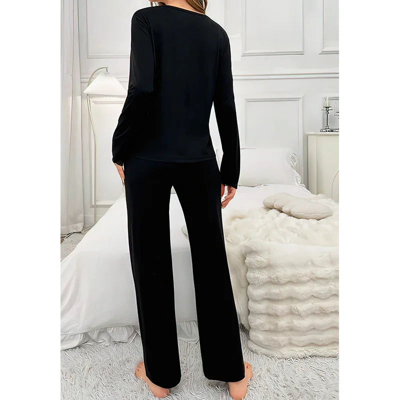 Solid Color Knitted Cotton Splicing Lace V-neck Long-sleeved Trousers Set Women's Pajamas Loungewear Sleepwear Pijamas Female