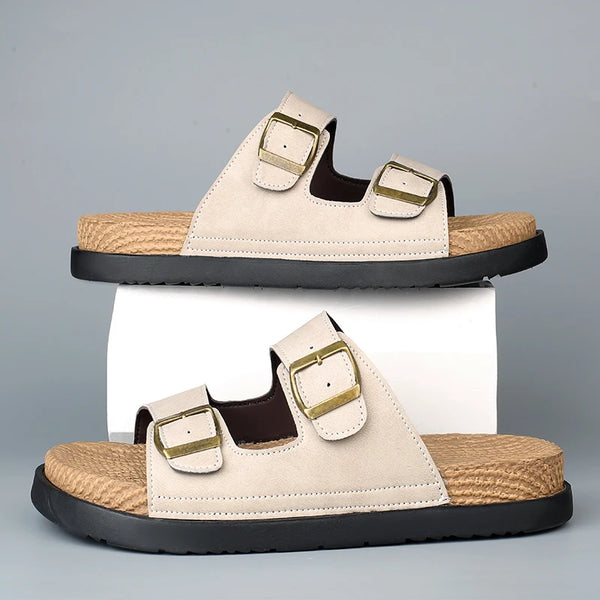 Summer Mens Adjustable Slippers Men Leather Slides Thick Soles Bottom Platform Slippers Sandals Soft Comfortable