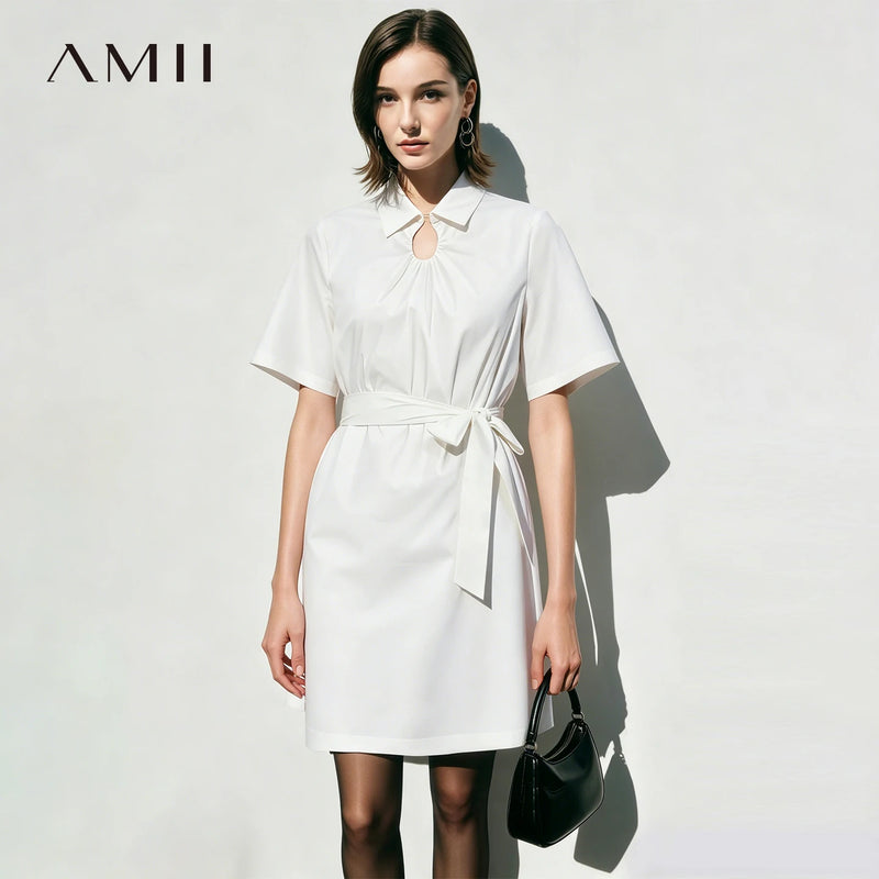 Amii Women's Dress 2026 Summer New Lapel Collar With Belted Short Sleeve Cotton Office Casual Shift Dress For Women 12622142