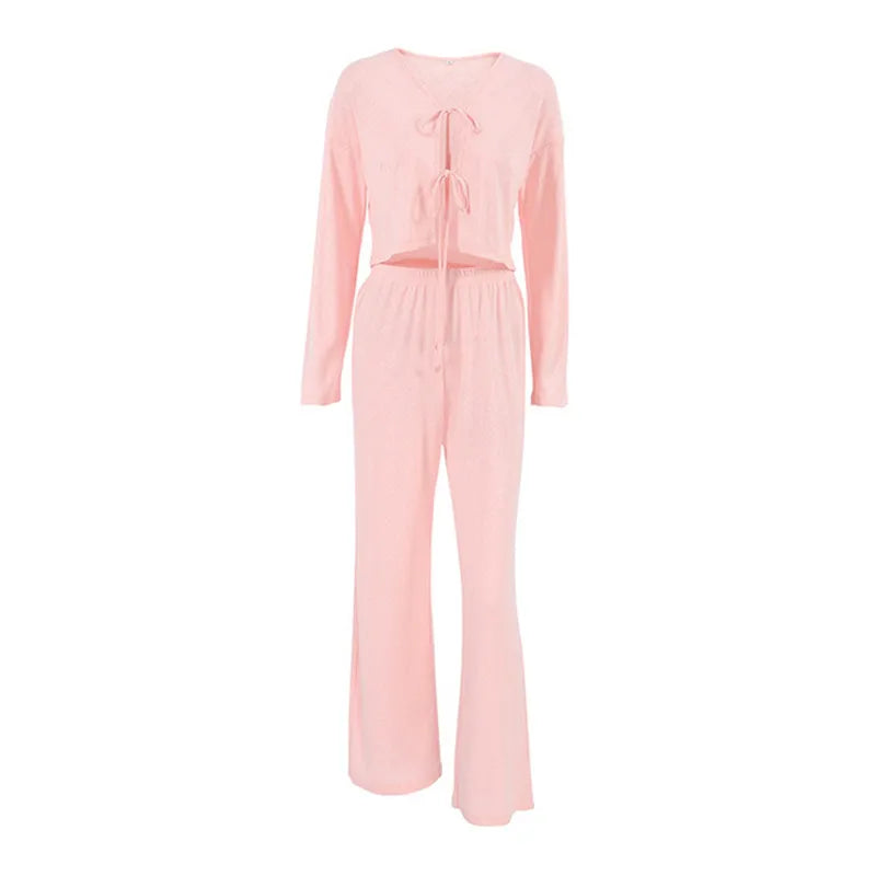Spring Summer Knitted Long Sleeve Sleepwear Long Pants Two Piece Set Comfortable Nightwear Home Clothes For Women Pajamas