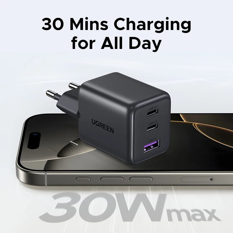 UGREEN 30W GaN Charger 3 Ports PD 3.0 USB C Charger For iPhone 18 17 16 Pro Samsung S25 Xiaomi Tablet iPad Air Pro Phone Charger