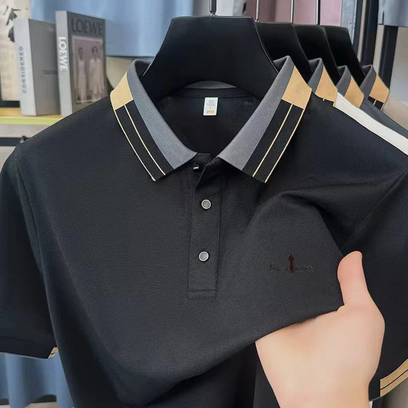 Luxury Man Short-Sleeved Polo Shirt Lapel Button Color Blocking Pattern Printing New Golf T-Shirt Business Casual Men's Clothing