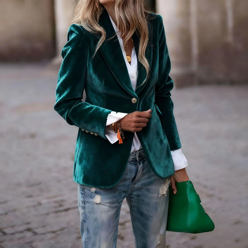 Elegant Women's Long-sleeve Blazer, A V-neck Jacket Made of Corduroy. Available in Black,Purple,Brown,Yellow,Red,Blue,Green,Gray