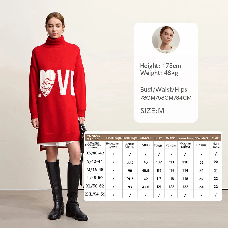 Amii Short Dresses 2026 Winter New Casual Turtleneck Long Sleeves Letter Jacquard Dresses For Woman Loose Knitted Skirt 12544067