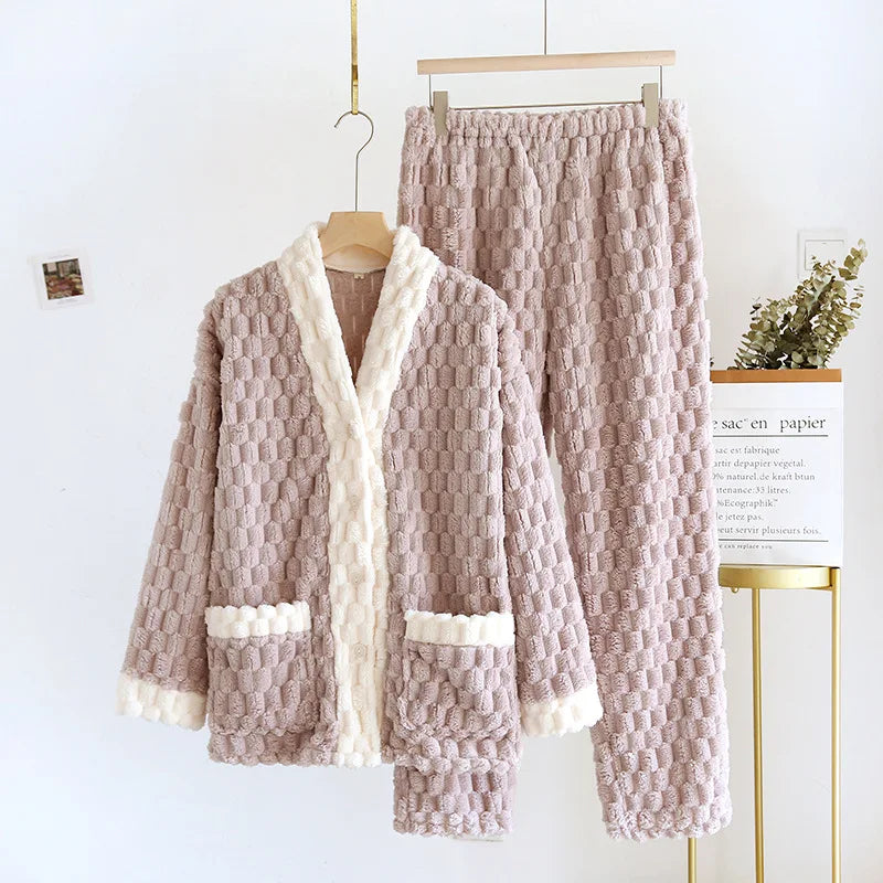 Thick Warm Flannel Sleepwear Set For Women Winter Cardigan Pant Suit Casual Home Wear Clothes Loose Outside Female Pajamas