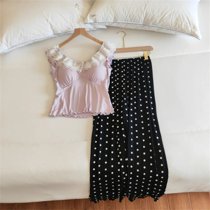 Chest Pads Summer Pajamas Set Soft Sleepwear Lounge Wear Sleeveless 2 Piece Loungewear Suit for Home Wear Pijama Woman Clothes