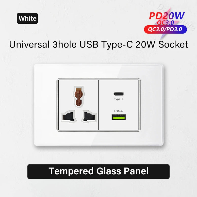 White Tempered Glass Panel Wall Light Switch Rocker Button EU Sockets Fast Charging CAT6 TV Power Outlet 118*75mm 16A AC110-250V