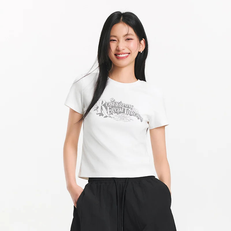 Semir Womens Tshirt 2026 Vintage Washed Printed Slim Regular Shoulder Retro American Style Casual Soft