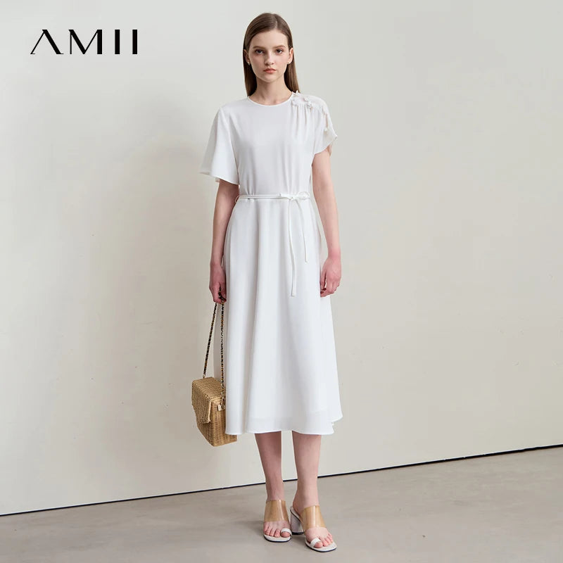 Amii Minimalist Casual Dress 2026 Summer New Women Office Lady Short Sleeve Belt Cubic Flower Loose Chiffon Midi Dress 12512030