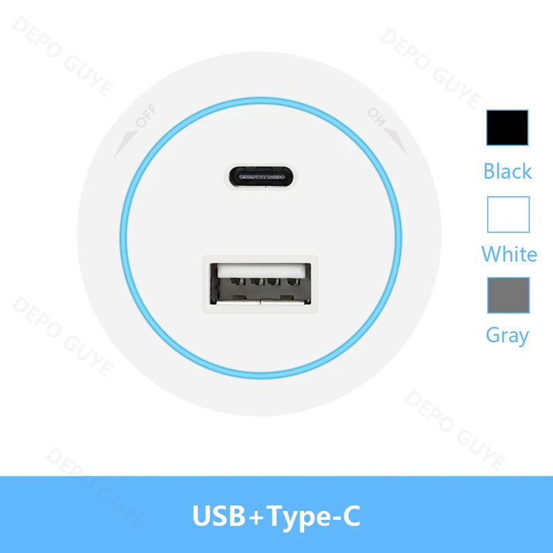 Power Track Socket EU/FR/Italy/Israeli USB Type-C Round Romovable Adapter Home Kitchen Wall Mounted Universal Electrical Outlet