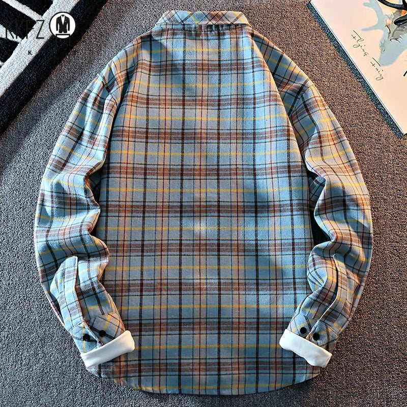 Men All Match Grid Outer Shirt Lapel Button Closure Classic Check Pattern Long Sleeve Daily Casual Top