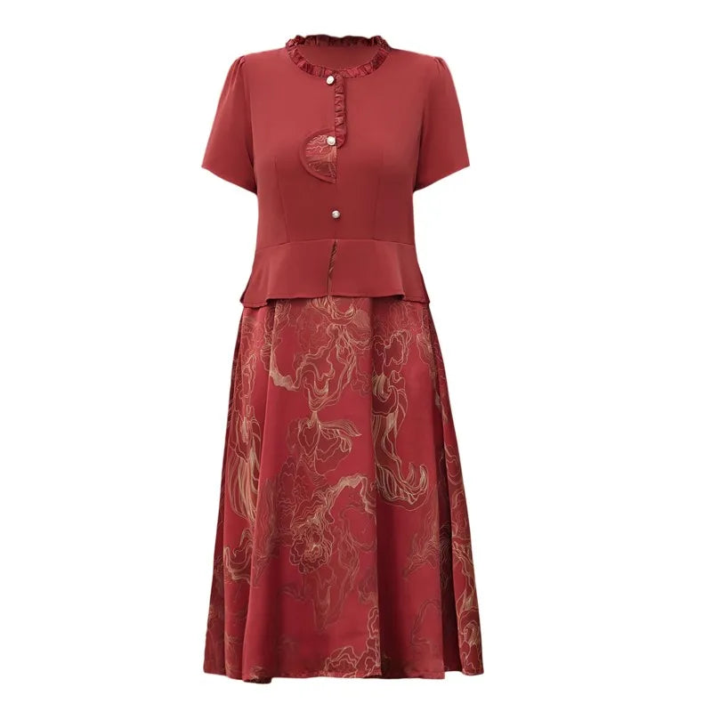 រ៉ូបពីរដុំក្លែងក្លាយ រ៉ូប Chiffon រ៉ូបនារីរដូវក្តៅ ម៉ូដស្លីម សូត្រ Satin ដេរដោយដៃខ្លី រ៉ូបម្តាយបោះពុម្ព A Line