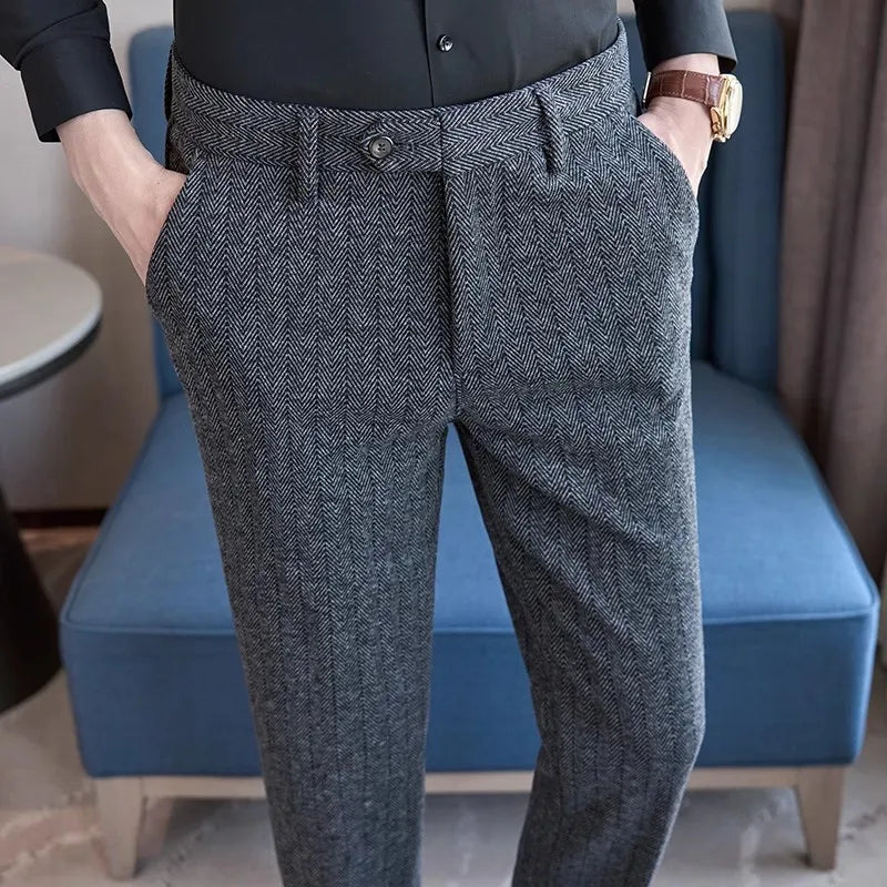 2026 Men's Black Herringbone Pants, Winter Fashion Slim Trousers, Gray, Brown, Coffee, Apricot, Green To Choose From,Asian Size