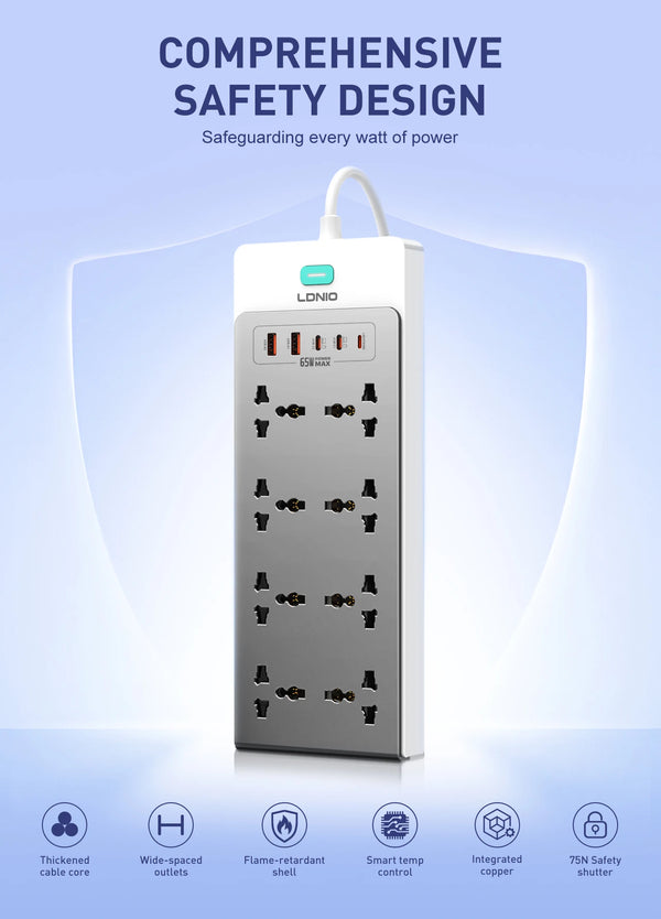 បន្ទះ ភ្លើង LDNIO 65W 13-in-1 ការពារ ការ ឡើង កម្ដៅ ខ្សែ បន្ថែម 2 ម៉ែត្រ រន្ធ ដោត ជា សកល EU KR UK US ដោត USB C ស្ថានីយ សាក ថ្ម លឿន