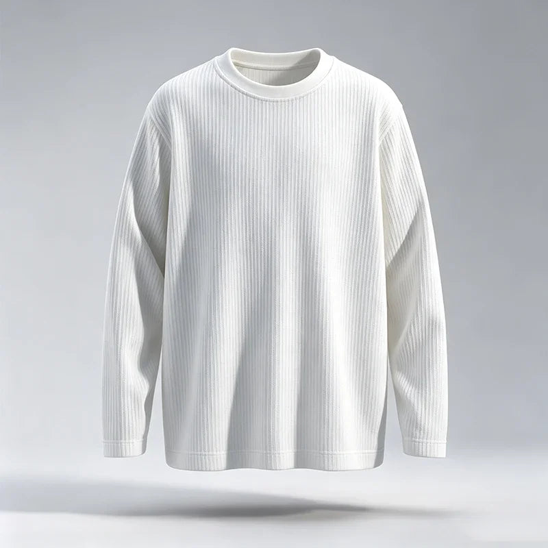 Men Casual Ribbed Texture Long Sleeve T Shirt Round Neck Relaxed Fit Soft Knit Male Daily Wear Top