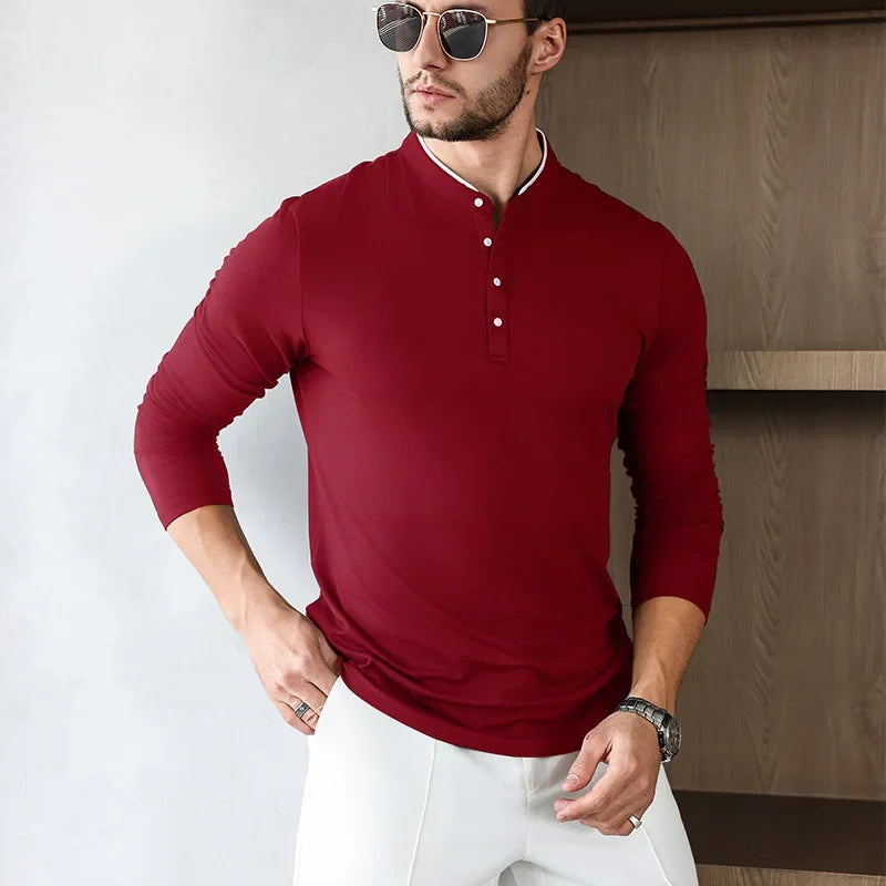 2025 New Men's Casual and Fashionable Solid Color Long Sleeved Stand Up Collar T-shirt Summer Versatile and Comfortable Top