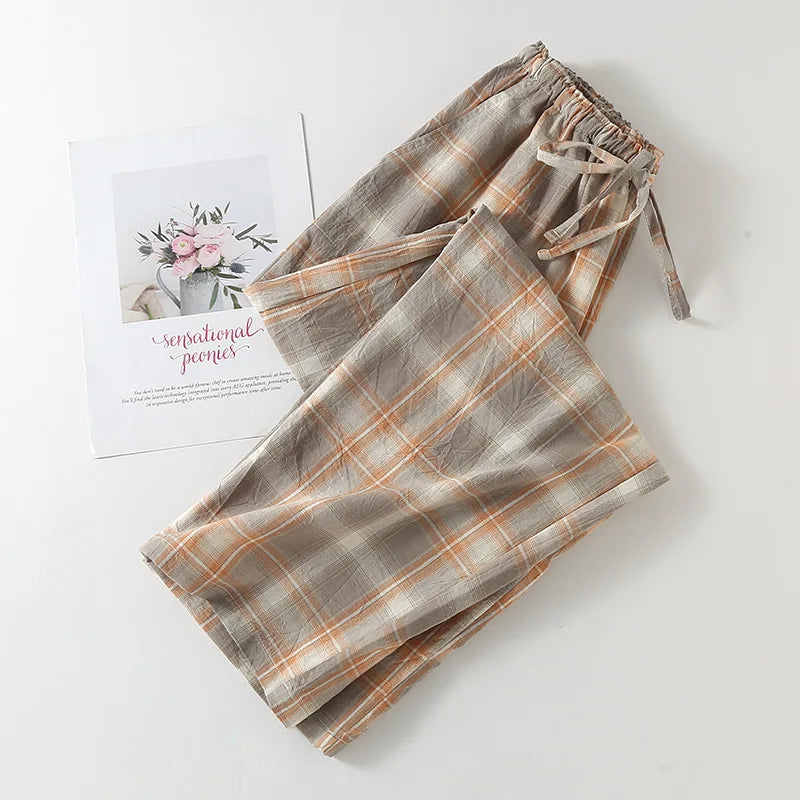 Pure Cotton Leisure Home Trousers Casual Plaid Breathable Sleepwear Pants Spring Autumn Homewear Pajamas Pant Women Pantalones